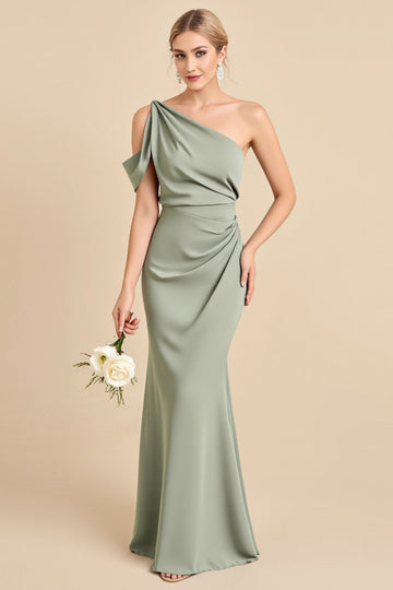 Matcha One Shoulder Sirène Robe de demoiselle d’honneur longue en satin